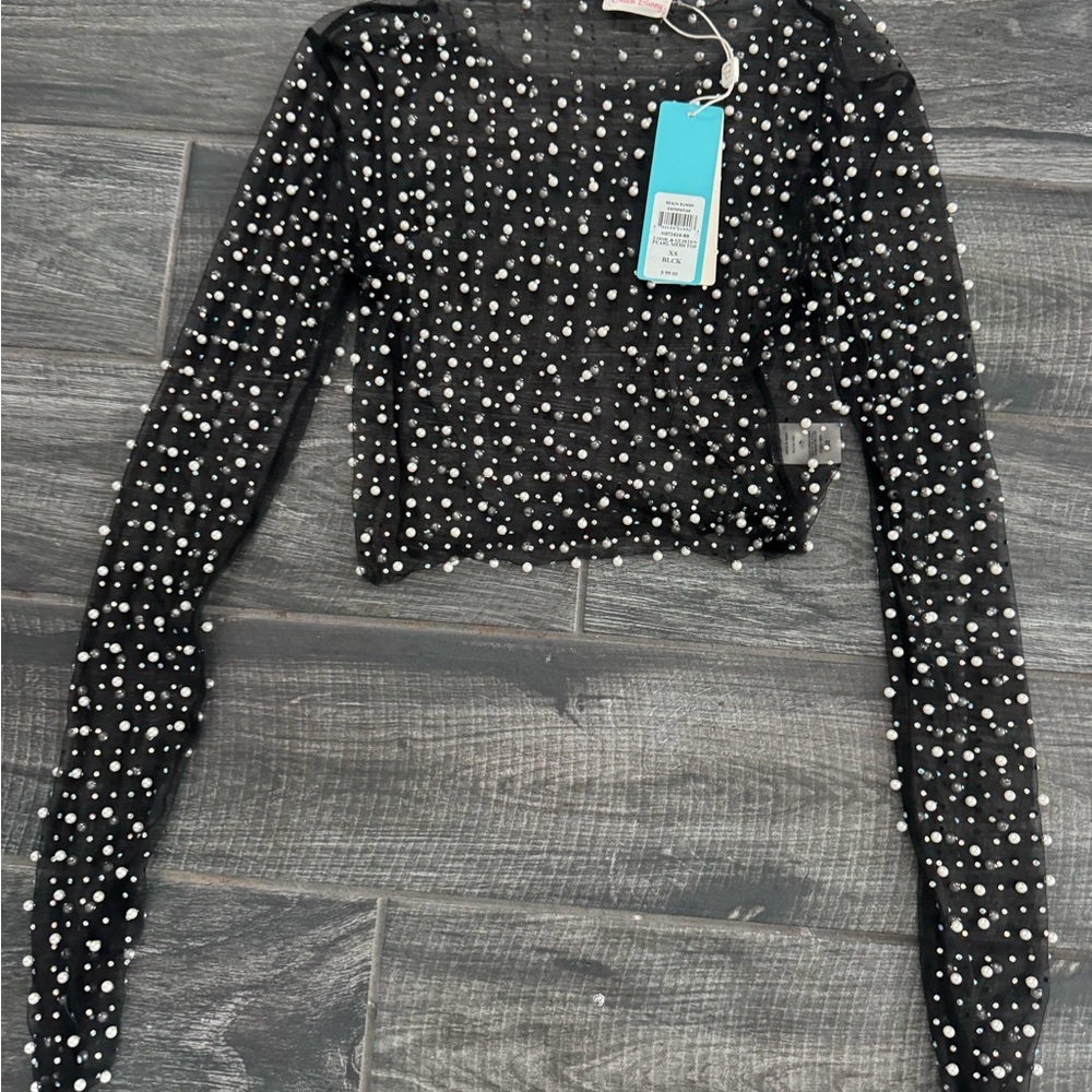 Beach Bunny Black Pearl-Studded Crop Top